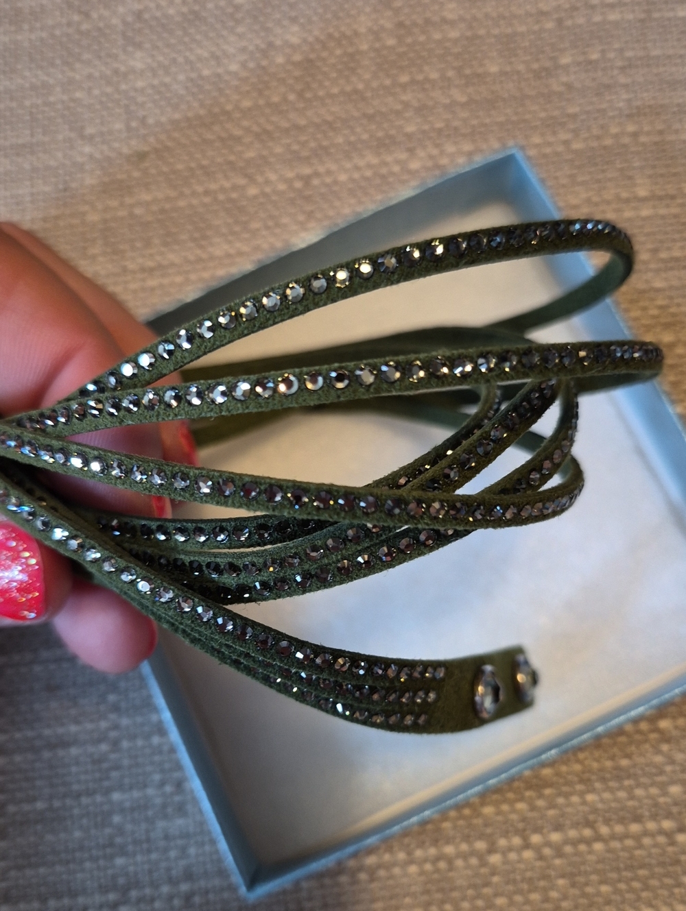 Touchstone Crystal Olive Green Suede Crystal Wrap Bracelet